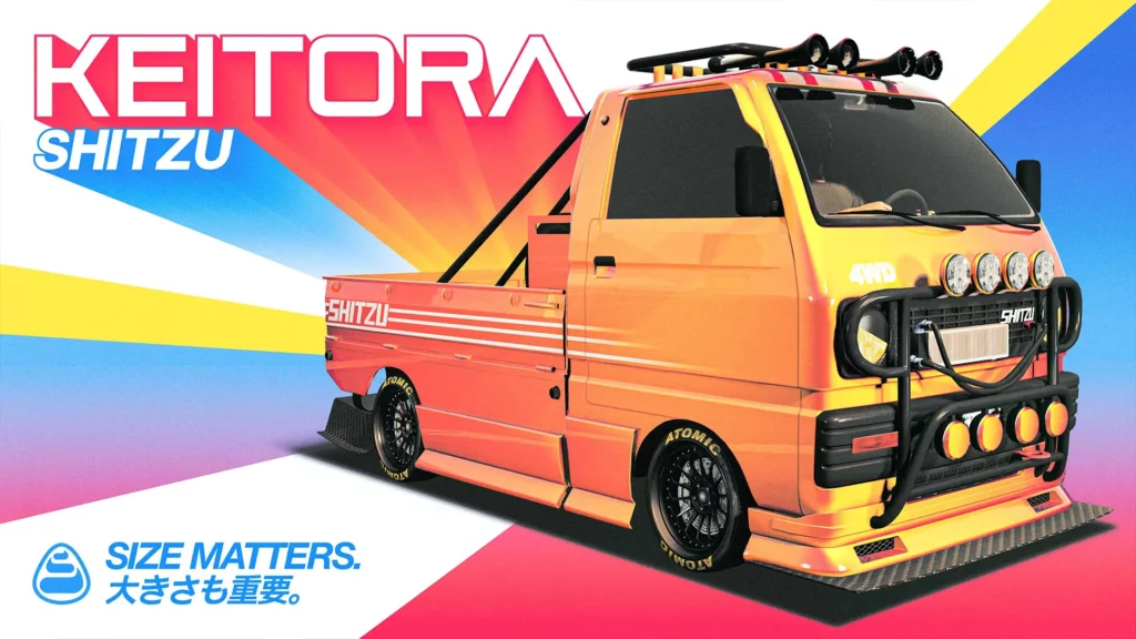 Image promotionnelle de la camionnette Shitzu Keitora peinte en orange avec un kit de tuning, avec un fond coloré de rayons de couleurs. Le nom de ce véhicule de GTA Online ressort également avec les couleurs du fond.