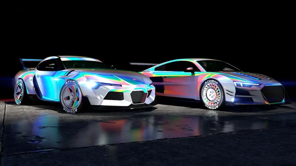 Voiture LSCM Jester RR et 10F équipées de la peinture caméléon perle prismatique graphite / Graphite Prismatic Pearl Chameleon sur leurs carrosseries dans le jeu vidéo GTA Online de Rockstar Games. Il s'agit d'un avantages GTA+ qui se débloque lors du mois de mars 2026.