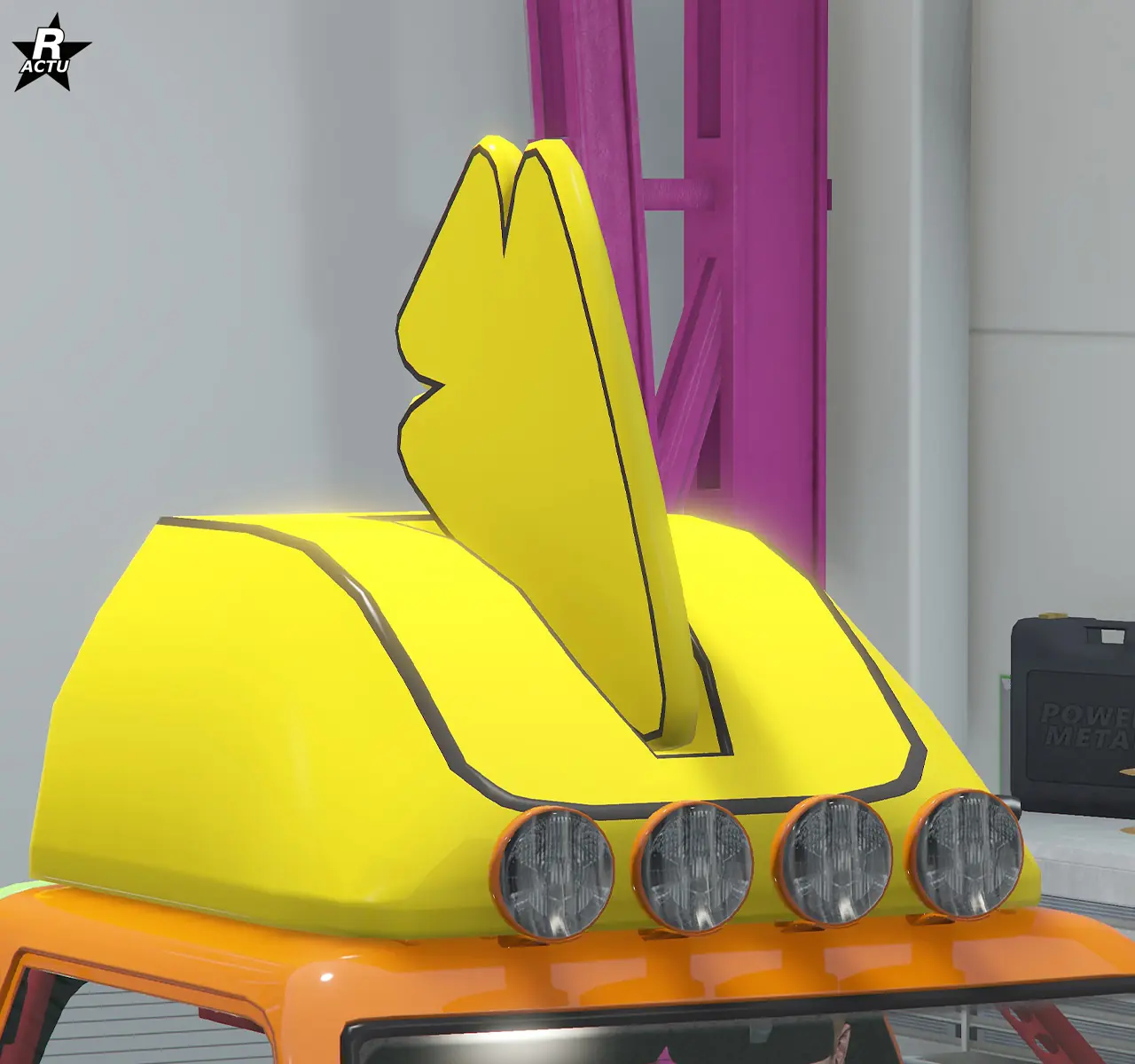 Option ajoutant un support jaune de sponsorisation sur le toit de la Keitora, surmonté d'une flèche jaune, le logo de la marque d'outillages Flint.