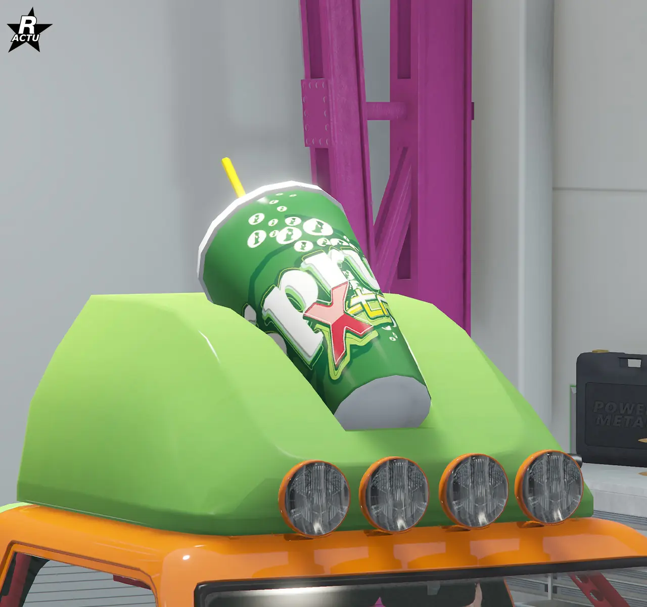 Option ajoutant un support de couleur vert sur le toit du véhicule, avec un grand gobelet de la boisson Sprunk par-dessus.