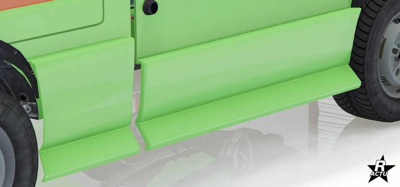 Bas de caisse étendu couleur secondaire entre les deux roues de chaque côtés latéraux de la Keitora.