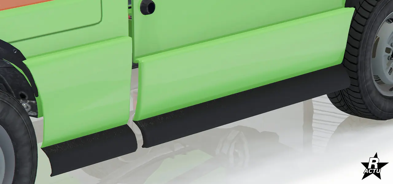 Bas de caisse latéraux étendu couleur secondaire, avec béquet en plastique noir à l'extrémité basse de l'option de bas de caisse.