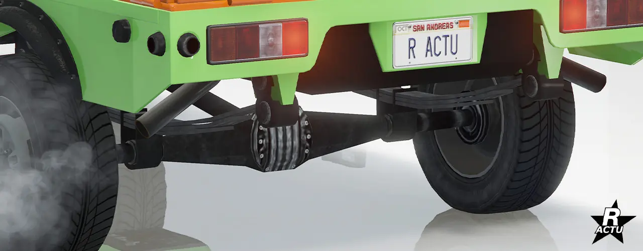 Option de pot d'échappement avec une sortie coudé vers le côté conducteur, et un autre tube coudé vers le côté passager sous le pare-chocs arrière du véhicule de GTA Online.