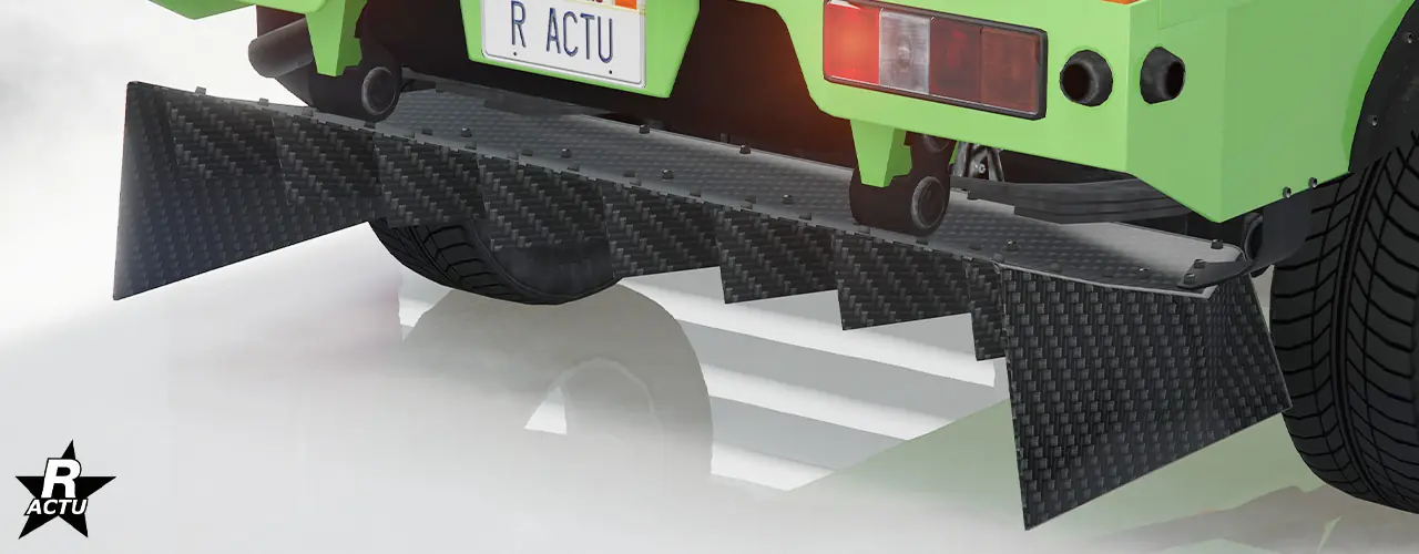 Option ajoutant un large diffuseur aérodynamique en fibres de carbone noires de forme d'un "U" inversé avec plusieurs râteaux intérieur sous le pare-chocs arrière du véhicule. De nombreuses vises sont apparentes au-dessus du diffuseur.