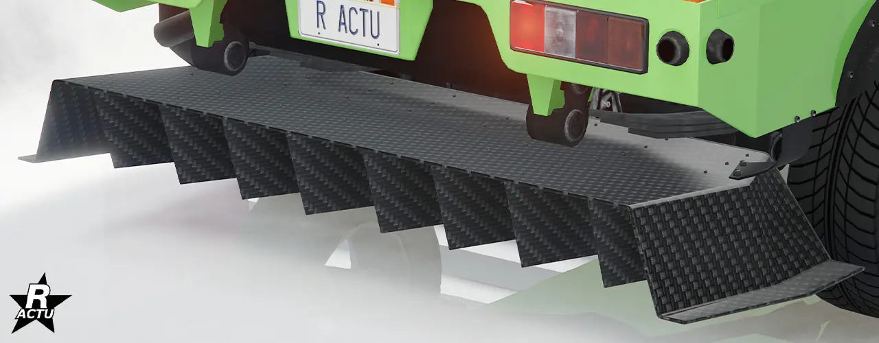 Option ajoutant un large diffuseur aérodynamique en fibres de carbone noires de forme d'un "V" inversé avec plusieurs grands râteaux intérieur sous le pare-chocs arrière du bolide.