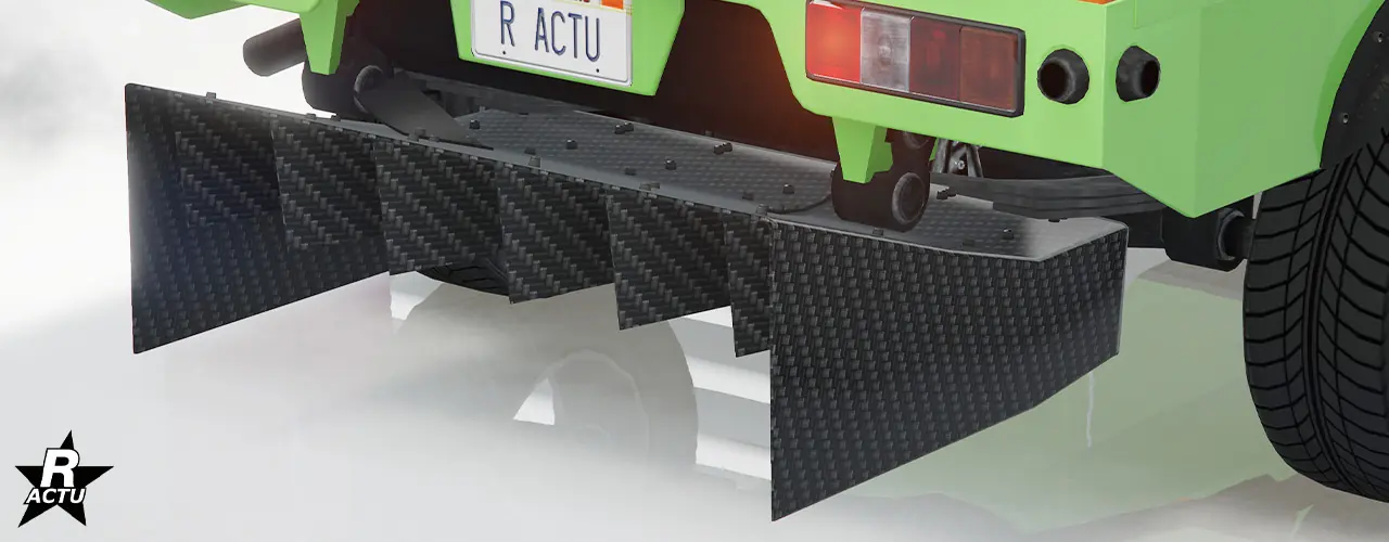 Option ajoutant un diffuseur aérodynamique en fibres de carbone noires de forme d'un "U" inversé avec plusieurs râteaux intérieur sous le pare-chocs arrière. De nombreuses vises sont apparentes au-dessus du diffuseur.