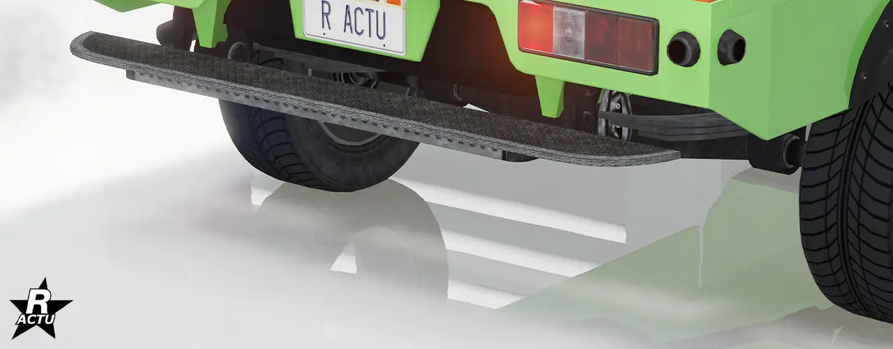 Vue rapprochée du pare-chocs arrière du véhicule disposant d'une marchepied bas en inox