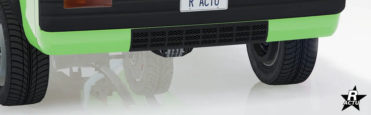 Vue rapprochée du pare-chocs avant du véhicule Shitzu Keitora dans le jeu vidéo GTA Online. Le pare-chocs est de couleur secondaire et s'arête à la même hauteur que le bas de caisse.