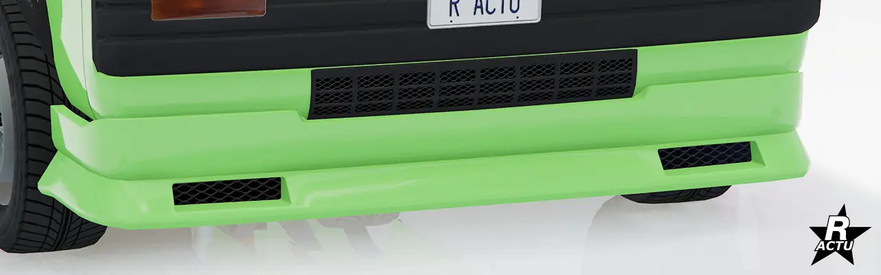 Option de pare-chocs avant couleur secondaire, étendu vers le bas avec un béquet vers l'extérieur disposant de deux prises d'air.