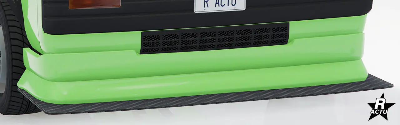 Option de pare-chocs avant couleur secondaire, étendu vers le bas avec un aileron plat aérodynamique en fibres de carbone noires.