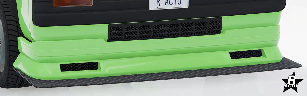 Option de pare-chocs avant couleur secondaire, étendu vers le bas avec un béquet vers l'extérieur disposant de deux prises d'air, suivi d'un aileron plat aérodynamique fait en fibres de carbone noires.