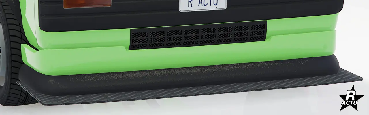 Option de pare-chocs avant couleur secondaire, étendu vers le bas avec une bordure bombée noire, suivie d'un aileron plat aérodynamique en fibres de carbone noires.