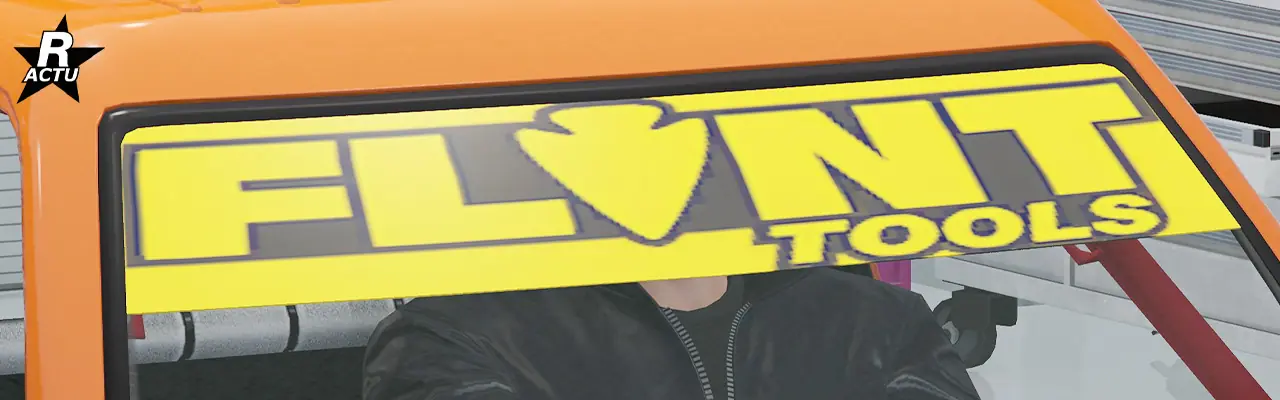 Option ajoutant un pare-soleil jaune surmonté de l'inscription « Flint Tools » en jaune avec bordures noires, tout en haut du pare-brise avant.