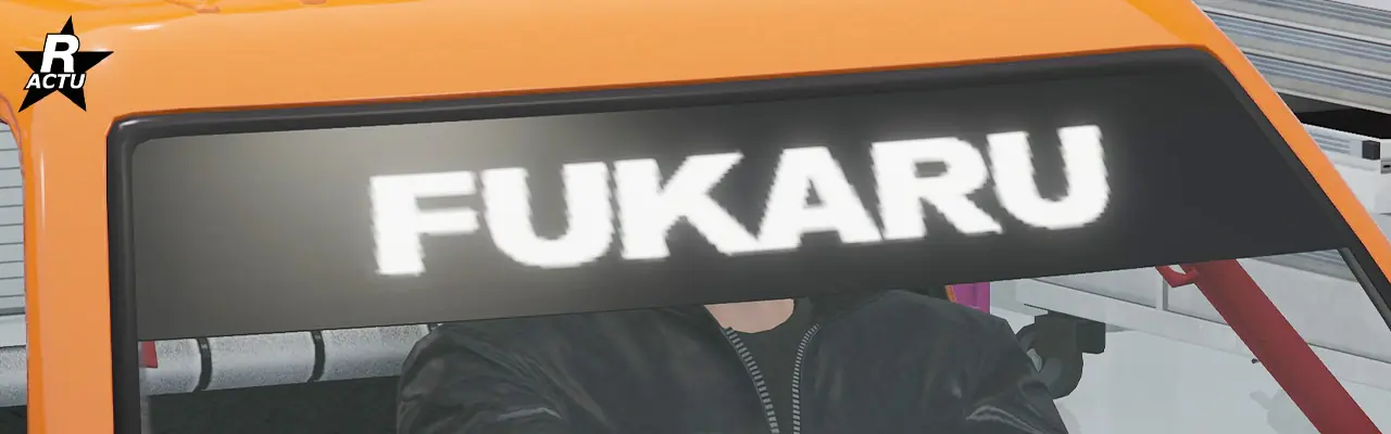 Option ajoutant un pare-soleil noir surmonté de l'inscription « Fukaru » en blanc, tout en haut du pare-brise avant.