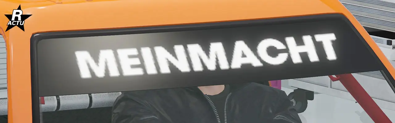 Option ajoutant un pare-soleil noir surmonté de l'inscription « Meinmacht » en blanc, tout en haut du pare-brise avant du véhicule.