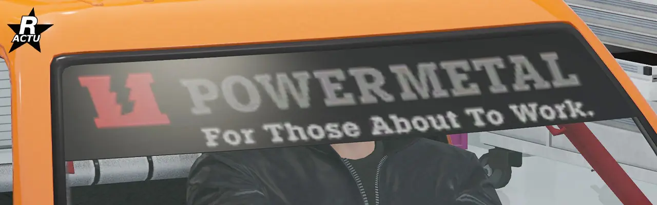 Option ajoutant un pare-soleil noir surmonté de l'inscription « Power Metal » en gris et de son logo rouge, tout en haut du pare-brise avant du véhicule.