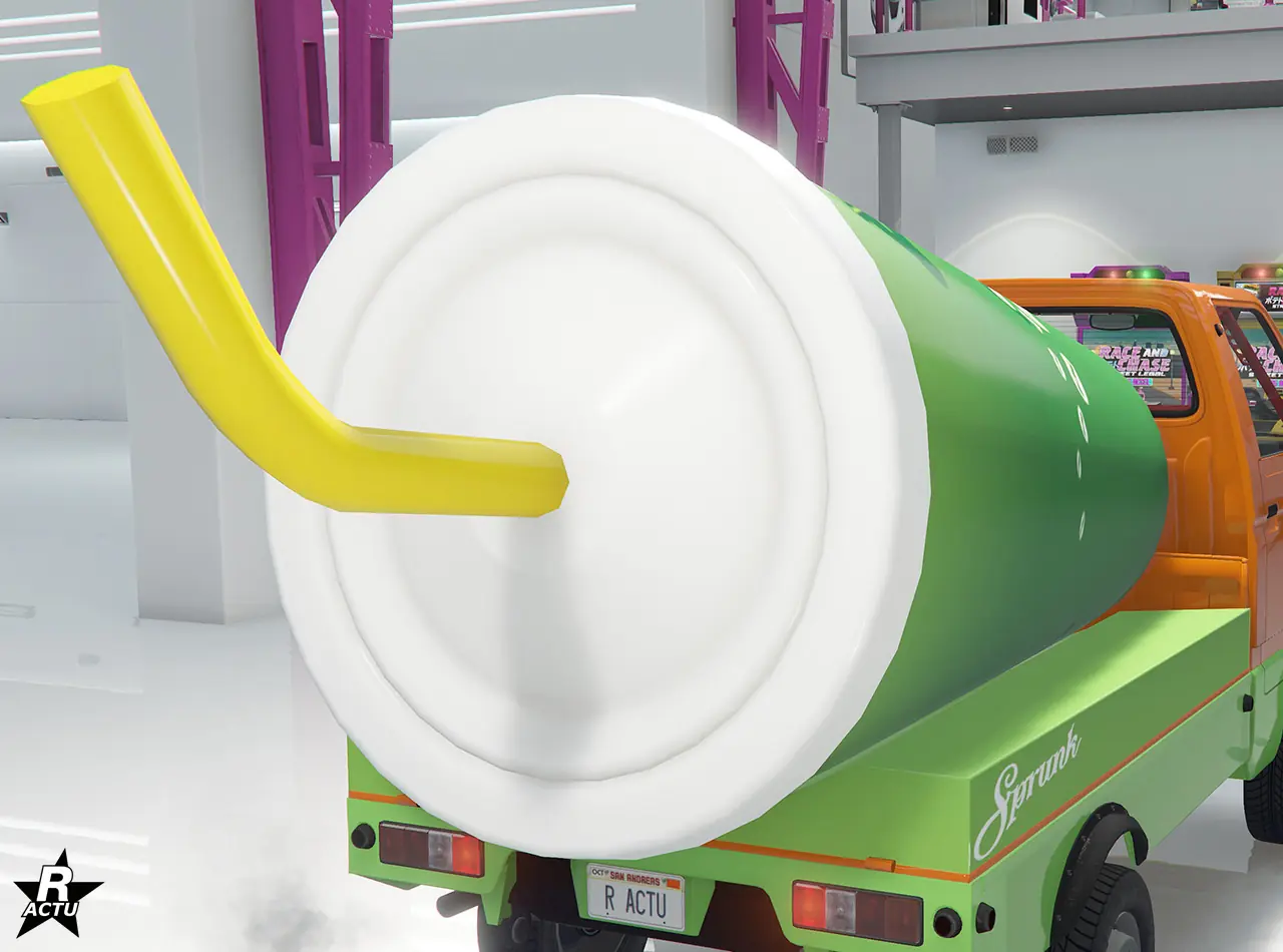 Option de sponsorisation ajoutant un grand gobelet vert avec le logo de la boisson gazeuse Sprunk, sur le plateau arrière, à l'horizontal, de la camionnette.