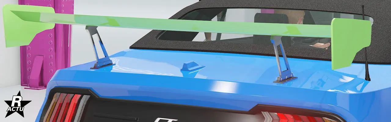 Option ajoutant un aileron de course imposant peint dans la couleur secondaire avec son système de fixation chromé, au-dessus du coffre de la Vapid Dominator GT.