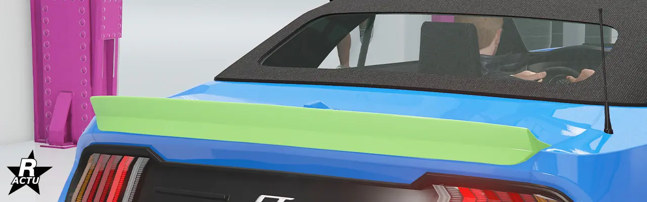 Option ajoutant un aileron en forme de bec de canard peint dans la couleur secondaire, à l'extrémité du coffre arrière de la muscle car.