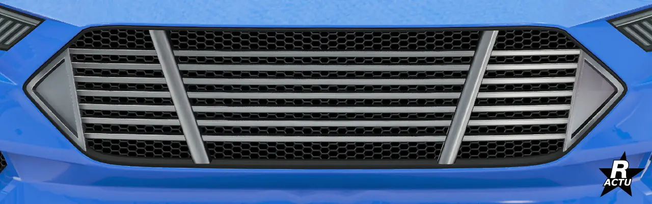 Option de calandre avant ajoutant des lamelles horizontales et deux barres verticales légèrement en biais, formant ensemble en "V", chromées.