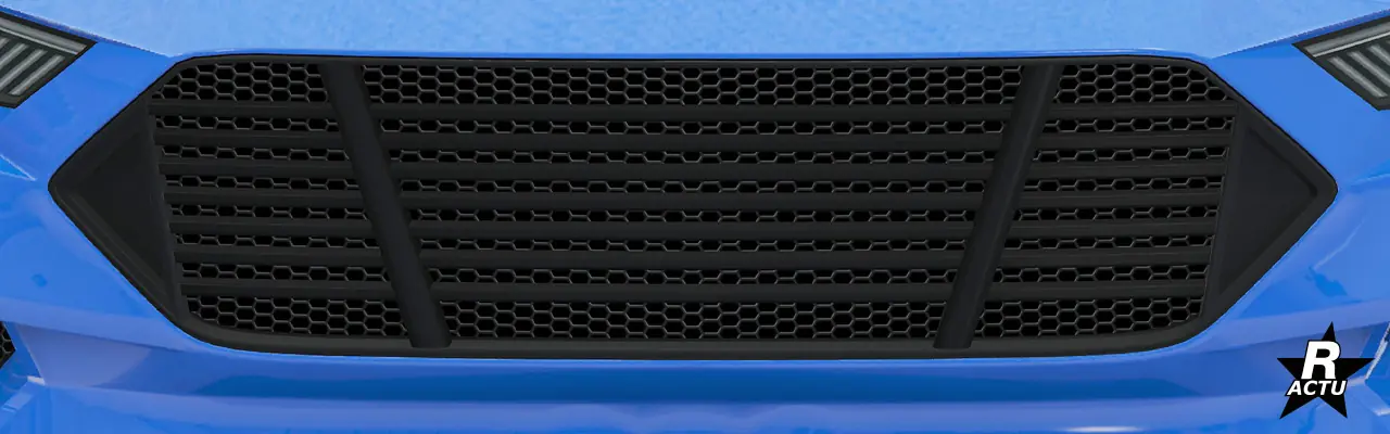 Option de calandre avant ajoutant des lamelles horizontales et deux barres verticales légèrement en biais, formant ensemble en "V", en plastique noir.