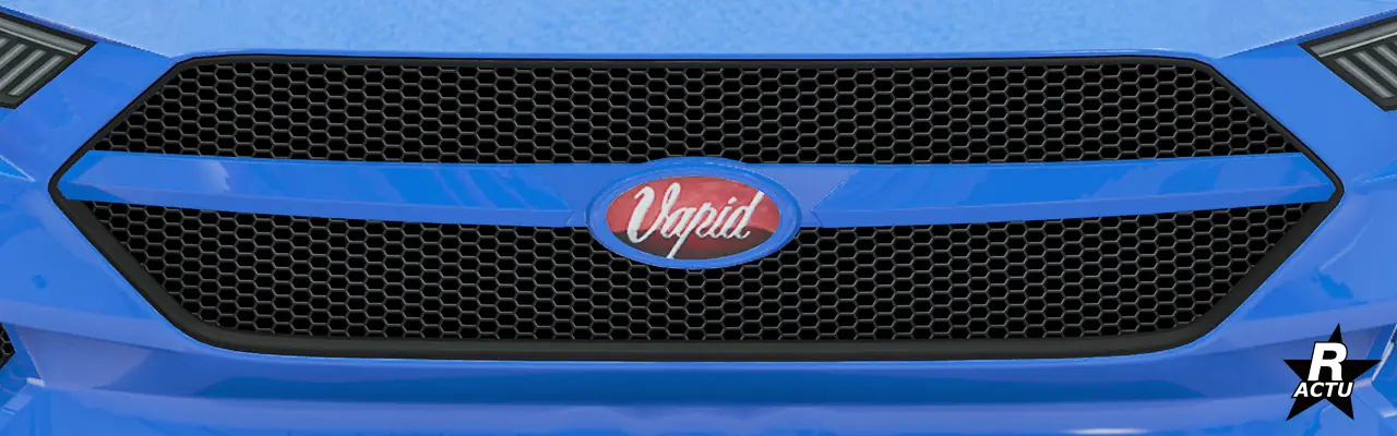 Option de la calandre de série de la voiture Vapid Dominator GT, où une barre horizontale couleur principale, surmontée du sigle constructeur, traverse le centre de la calandre avant, avec des mailles juste derrière.
