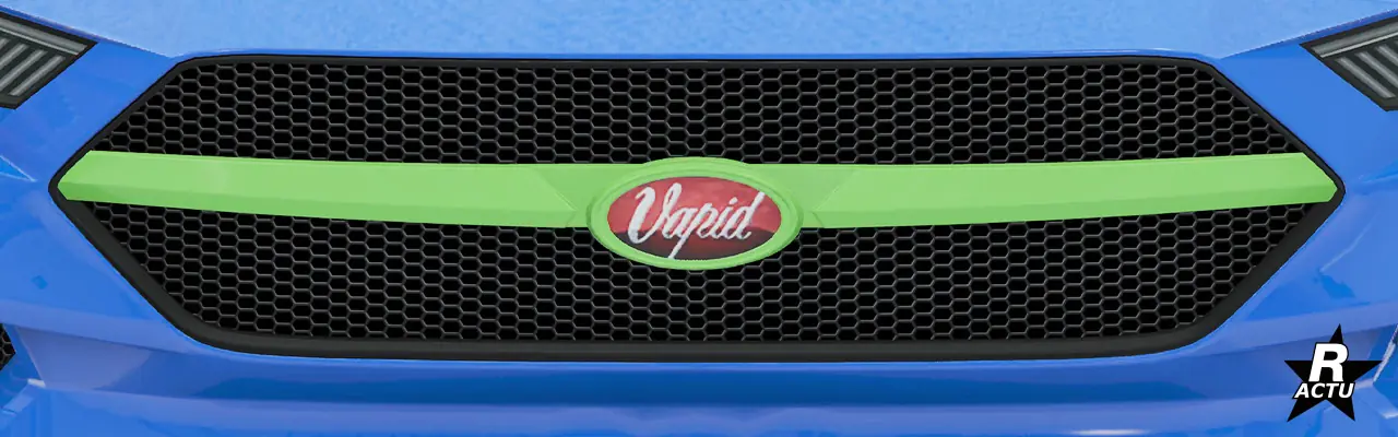 Option de la calandre de série de la voiture Vapid Dominator GT, où une barre horizontale couleur secondaire, surmontée du sigle constructeur, traverse le centre de la calandre avant, avec des mailles juste derrière.