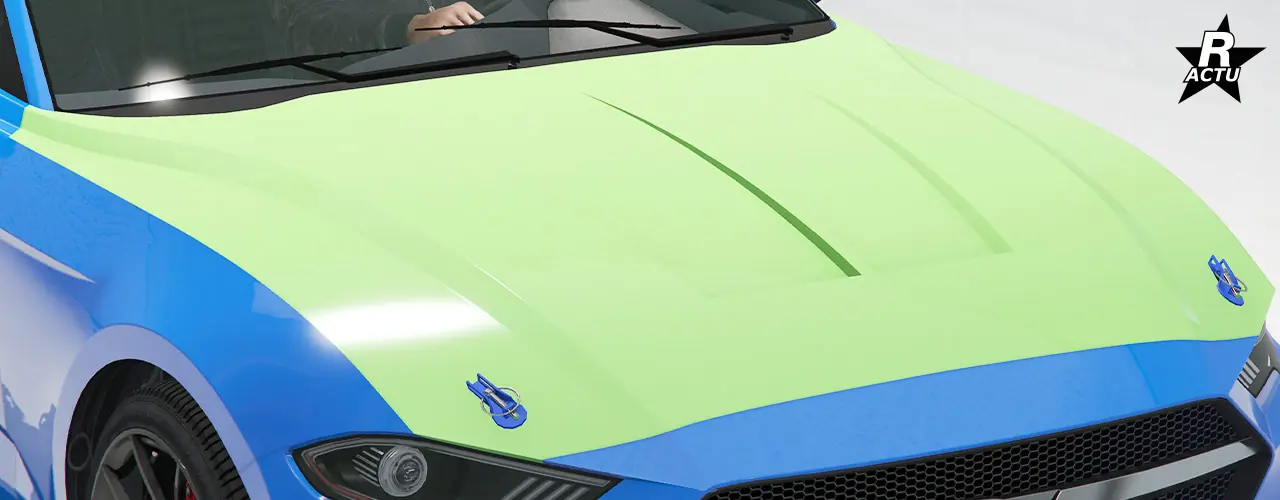 Option de capot couleur secondaire avec une double bande d'affaissement dans la profondeur du capot, où deux attaches bleues sont présentes à l'avant de chaque côté.