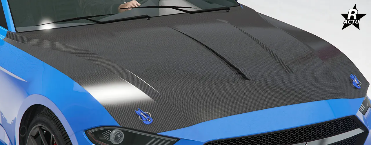 Option de capot en fibres de carbone noires avec une double bande d'affaissement dans la profondeur du capot, où deux attaches bleues sont présentes à l'avant de chaque côté.