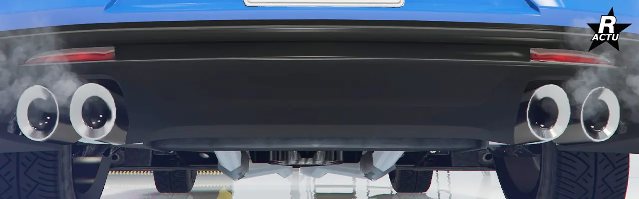 Double pot d'échappements chromés avec embouts taraudés, du côté droit et du côté gauche sous le pare-chocs arrière du véhicule.