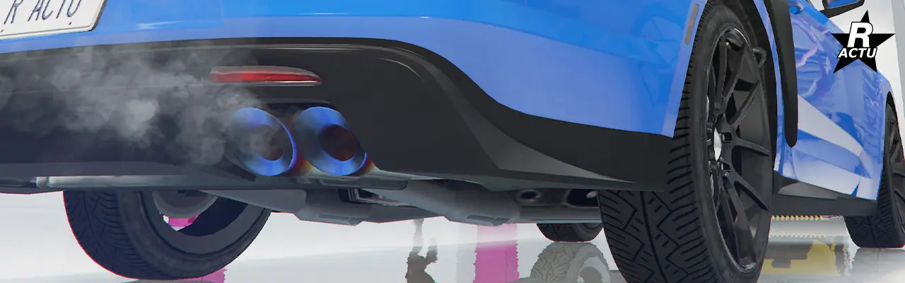 Vue rapprochée au niveau du bas de caisse de la voiture Vapid Dominator GT, où aucun garde-boues se trouve derrière les roues du véhicule.