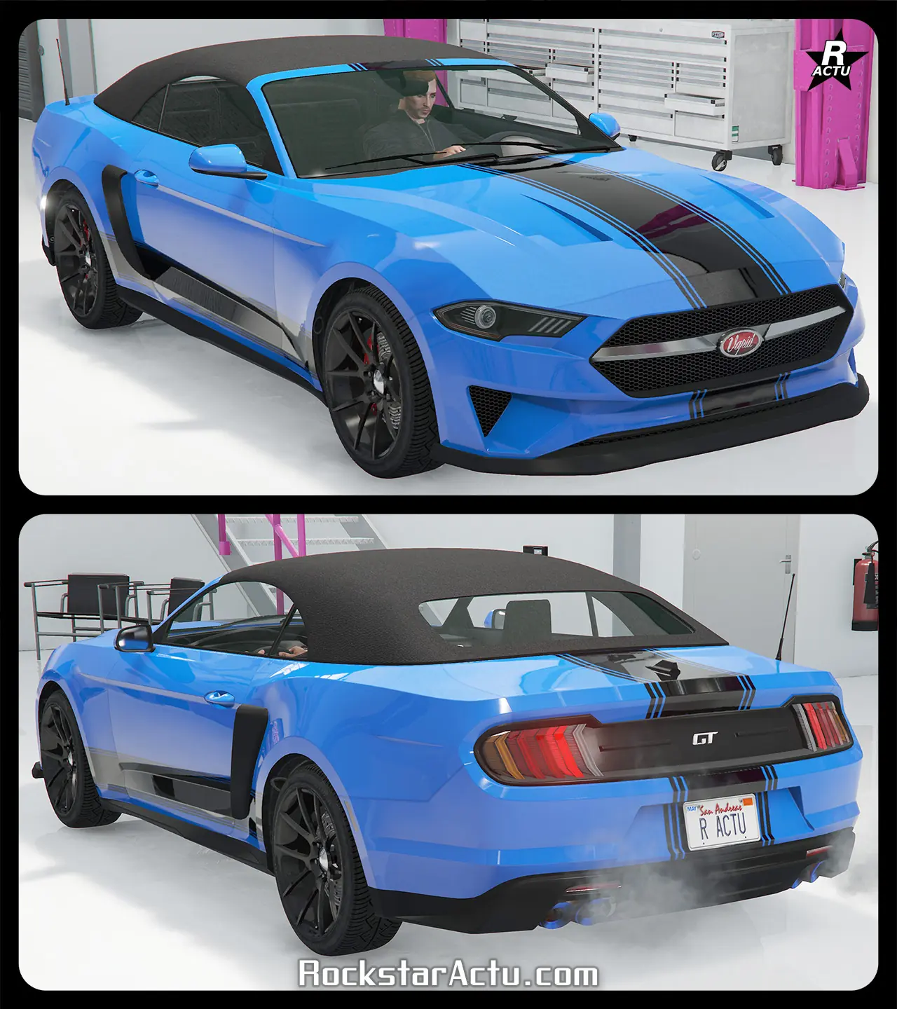 Motif ajoutant une décalcomanie d'un large bande noire verticale traversant le centre de la carrosserie, avec deux fines bandes noires la suivant sur le côté droit et le côté gauche de cette bande large. Sur les côtés latéraux, une seconde bande noire traverse horizontalement la carrosserie de la voiture Vapid Dominator GT, entre les roues avant et arrière.