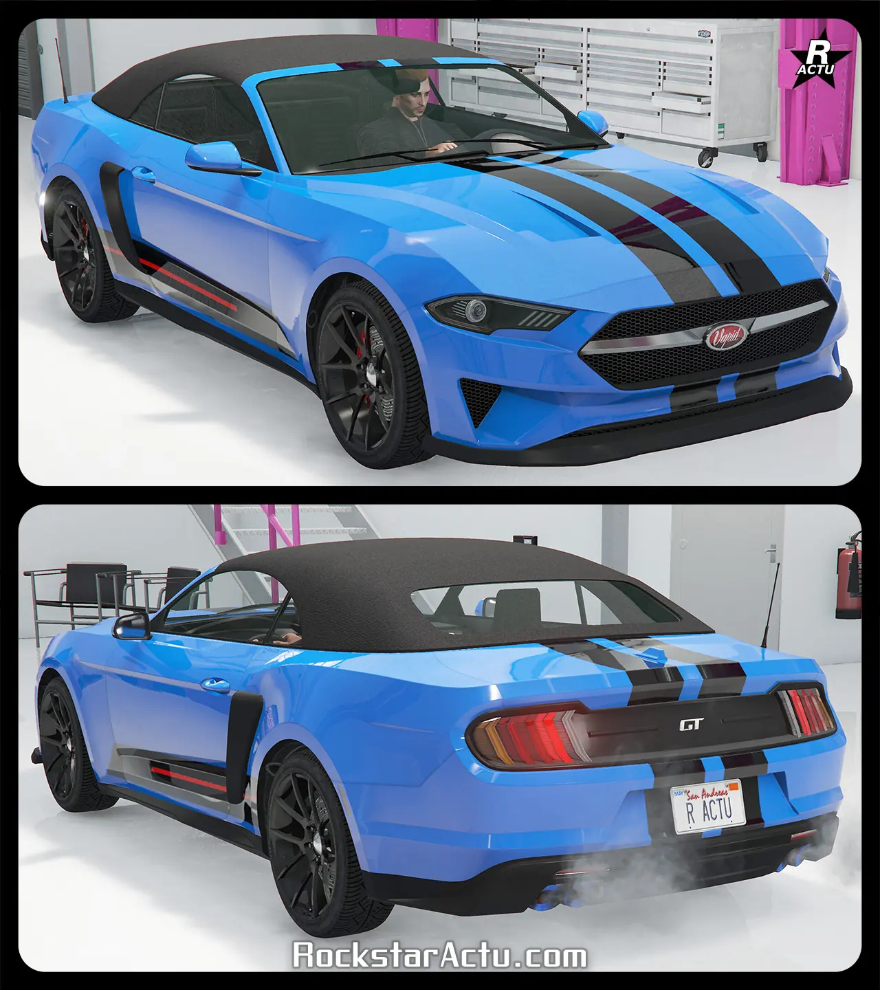 Motif aoutant une décalcomanie d'une double bande noire parallèle qui traverse verticalement le centre de la carrosserie. Une seconde bande noire, avec une fine bande rouge en son centre, traverse horizontalement le bas de caisse entre les deux roues de chaque côtés de la voiture.