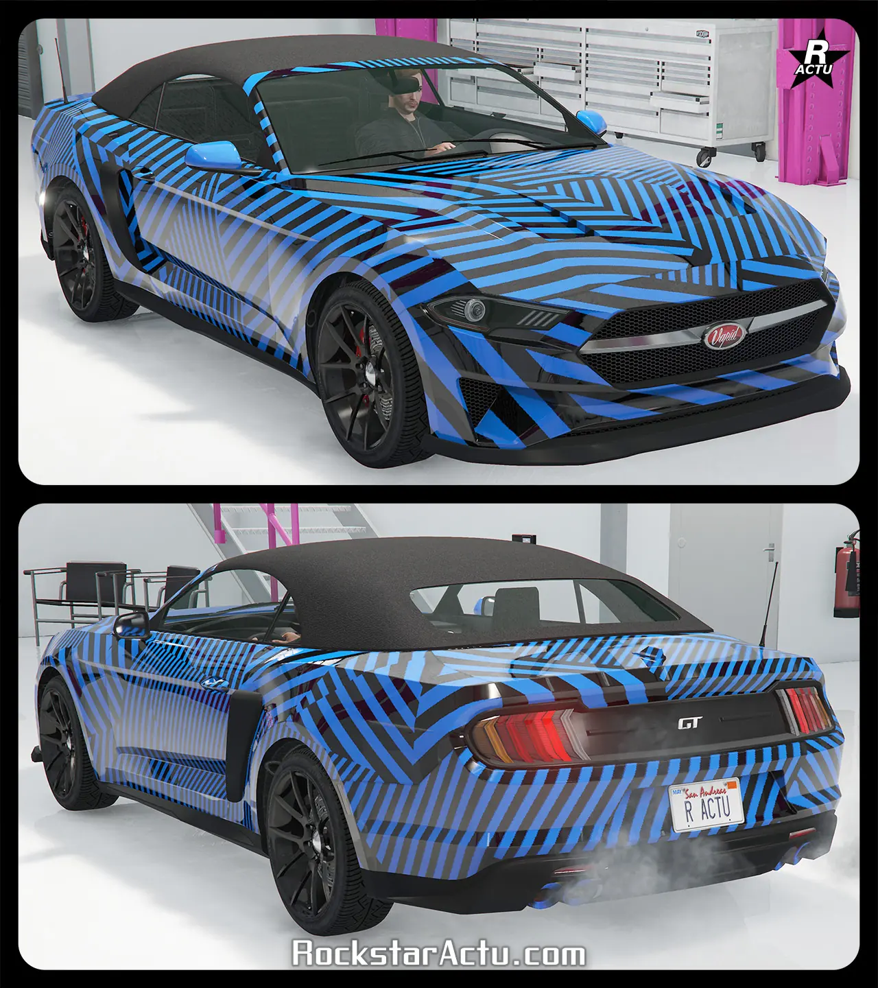 Motif recouvrant entièrement la carrosserie de la Vapid Dominator GT, avec des bandes noire allant dans tous les sens, comme si le véhicule était zébré.