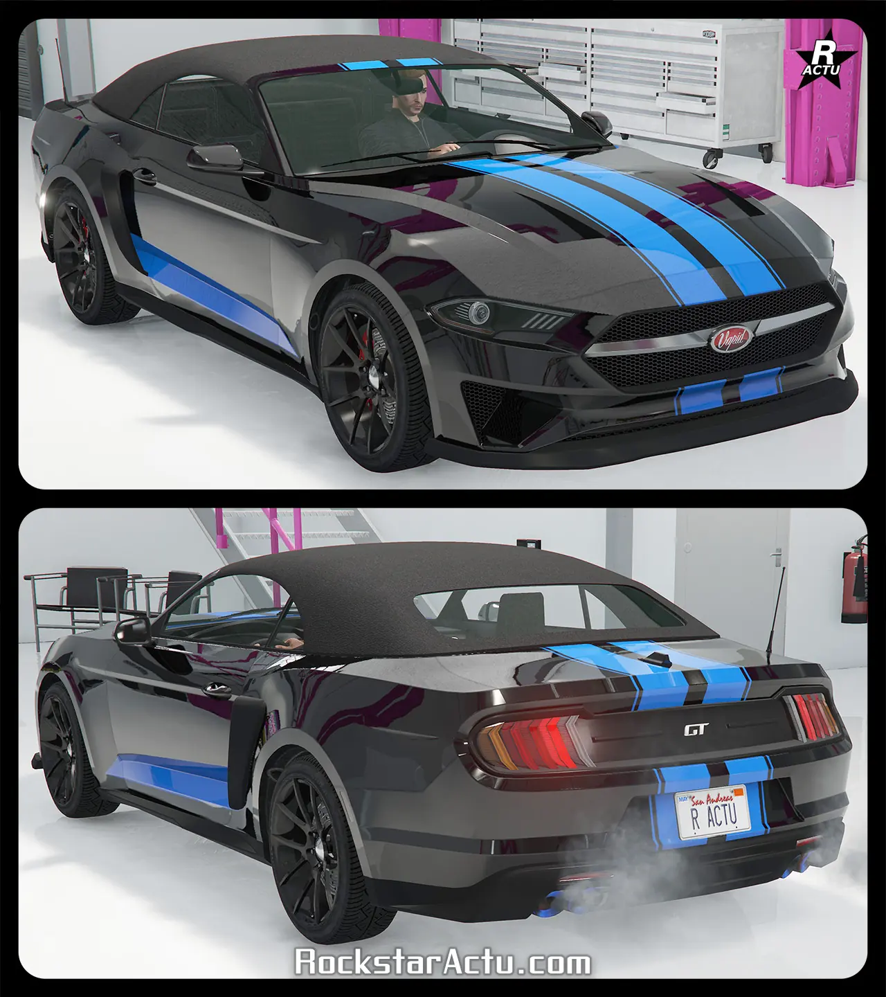 Motif ajoutant un grand vinyle noir qui recouvre pratiquement toute la carrosserie de la voiture Vapid Dominator GT. Le skin laisse apparaître une découpe d'un double bande parallèle, avec une fine bande la suivant comme une bordure. Cette découpe dans le vinyle traverse verticalement la carrosserie du véhicule américain, en son centre, débutant du pare-chocs avant et se finissant au pare-chocs arrière. Sur les côtés latéraux, une autre découpe laisse apparaître une bande traversant le bas de caisse horizontalement entre les roues avant et arrière. Ces découpes dans le vinyle noir laisse systématiquement la peinture principale qu'il est possible d'appliquer en option, ressortir, laissant aux joueurs de GTA Online le choix de la couleur des bandes.