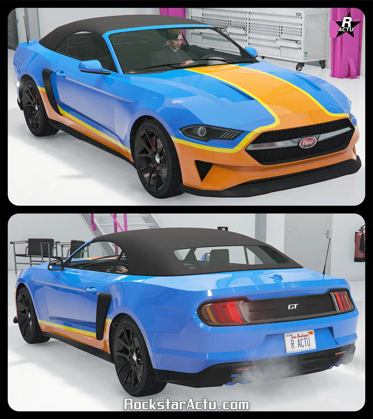 Motif ajoutant une décalcomanie d'une bande orange recouvrant la carrosserie à partir de la roue arrière gauche, continuant jusqu'au pare-chocs avant, puis se terminant à la roue arrière droite. Sur le capot, une bande large de la même couleur débute du pare-brise avant et continue tout droit pour se jeter dans la bande au niveau du pare-chocs avant du véhicule. Ce motif de bandes orange est bordé par une fine bande jaune.