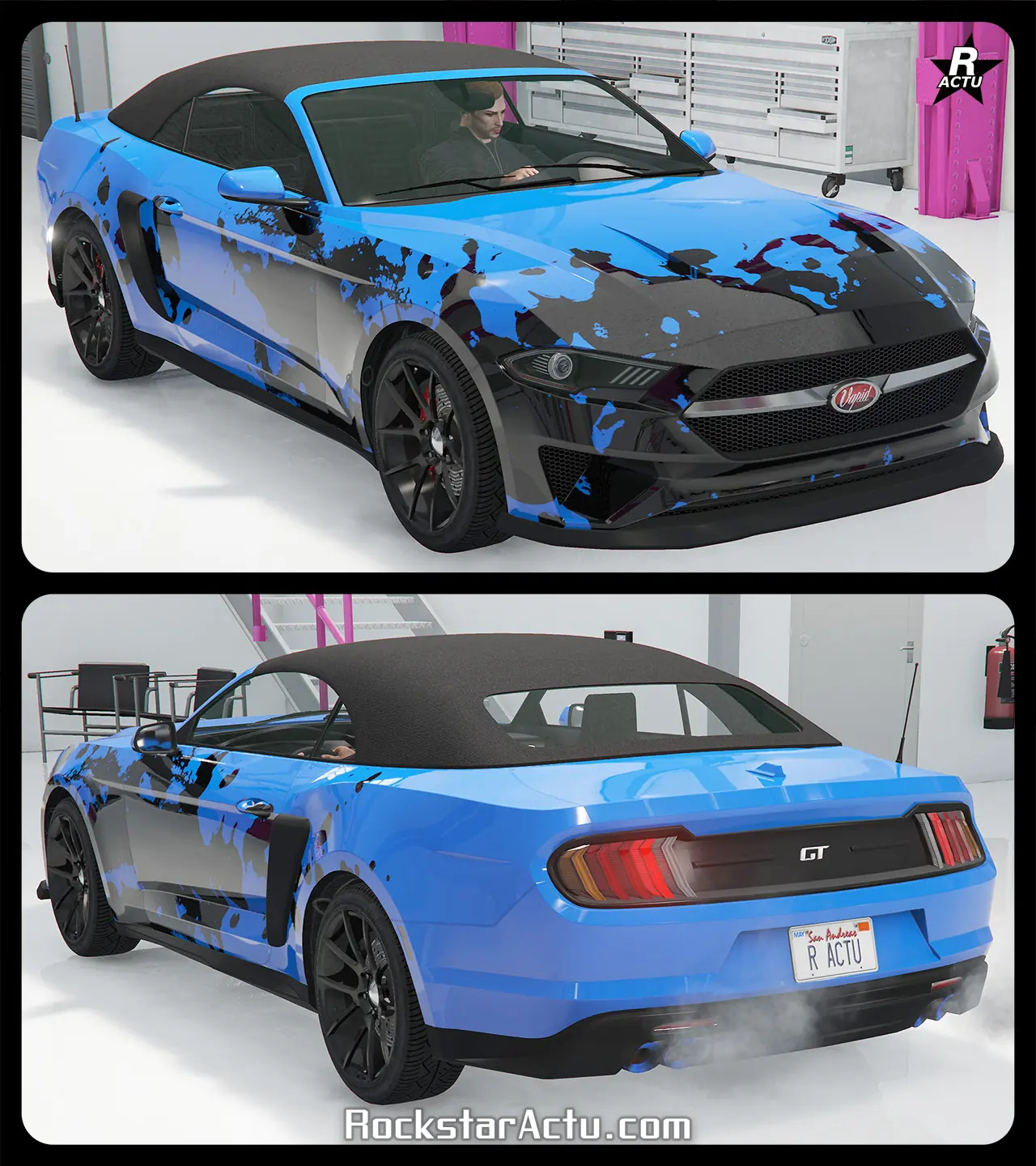 Motif ajoutant sur la voiture décapotable, un motif recouvrant l'avant de la carrosserie avec une décalcomanie noire représentant une grande tache / éclaboussure, avec de plus petites sur les côtés latéraux du véhicule.