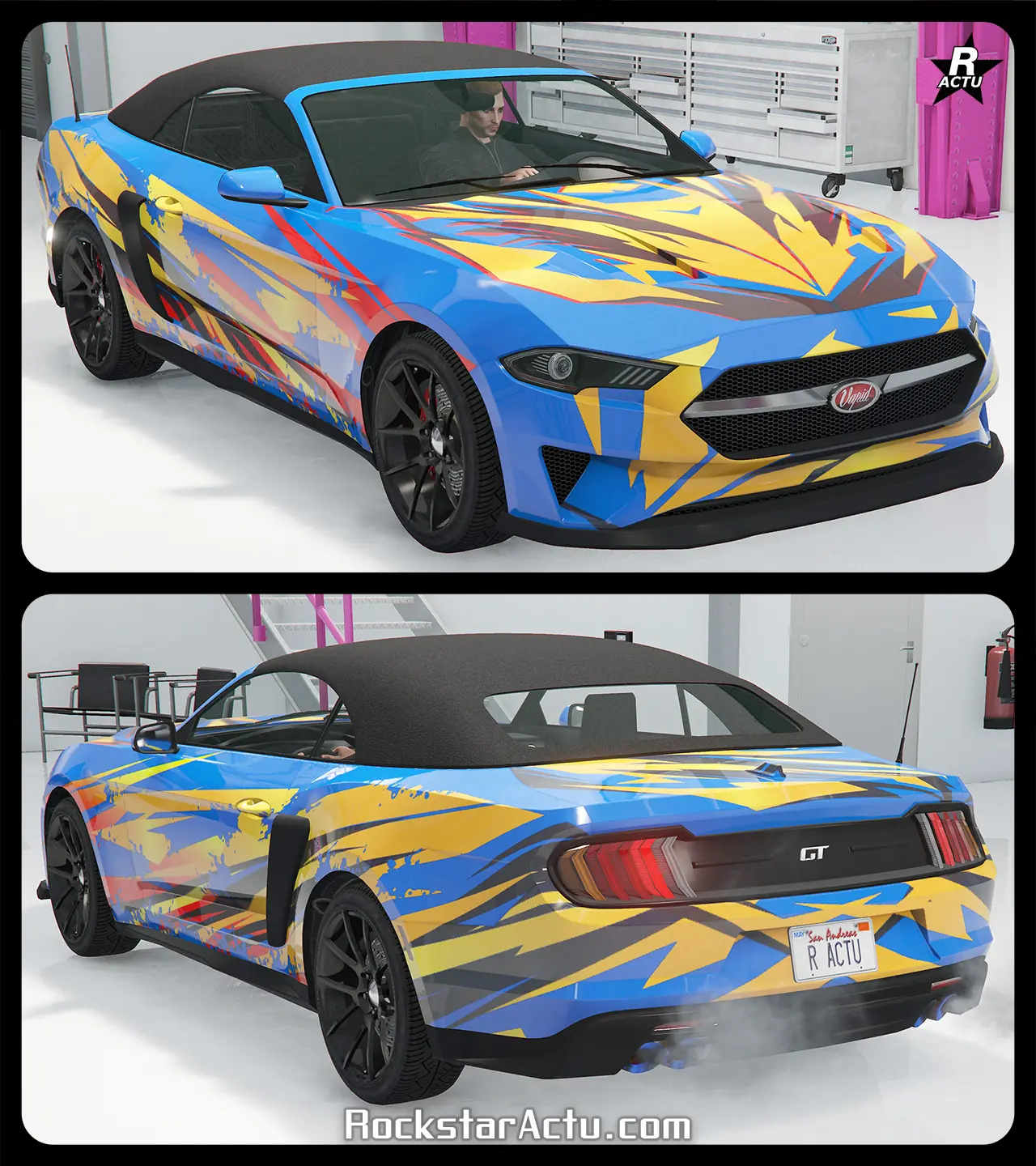 Motif de véhicule sur la Dominator GT où la carrosserie est recouverte de décalcomanies de formes géométriques jaunes et rouges.