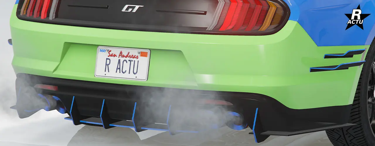 Option ajoutant un diffuseur aérodynamique noir de taille moyenne avec des finitions couleur principale, sous le pare-chocs arrière peint dans la couleur secondaire qui possède deux moustaches aérodynamiques noires latérale avec finitions couleur principale de parte d'autres du pare-chocs.