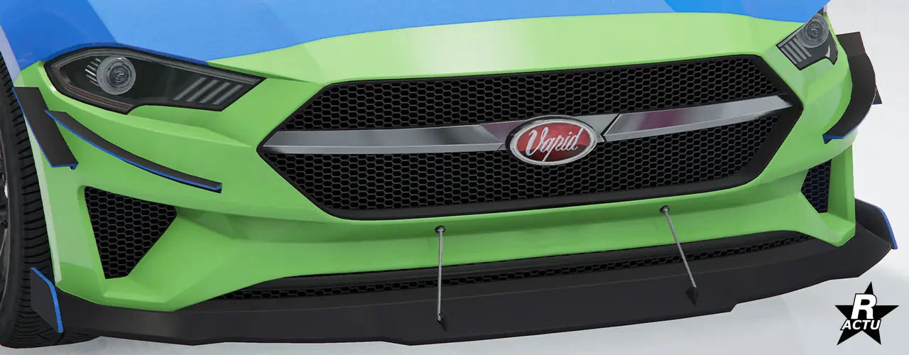 Option ajoutant au pare-chocs avant peint dans la couleur secondaire, un grand séparateur aérodynamique noir qui est suspendu avec deux grandes visses au pare-chocs, où une double moustache aérodynamique noire avec finitions couleur principale, sont présents de chaque côté du pare-chocs.