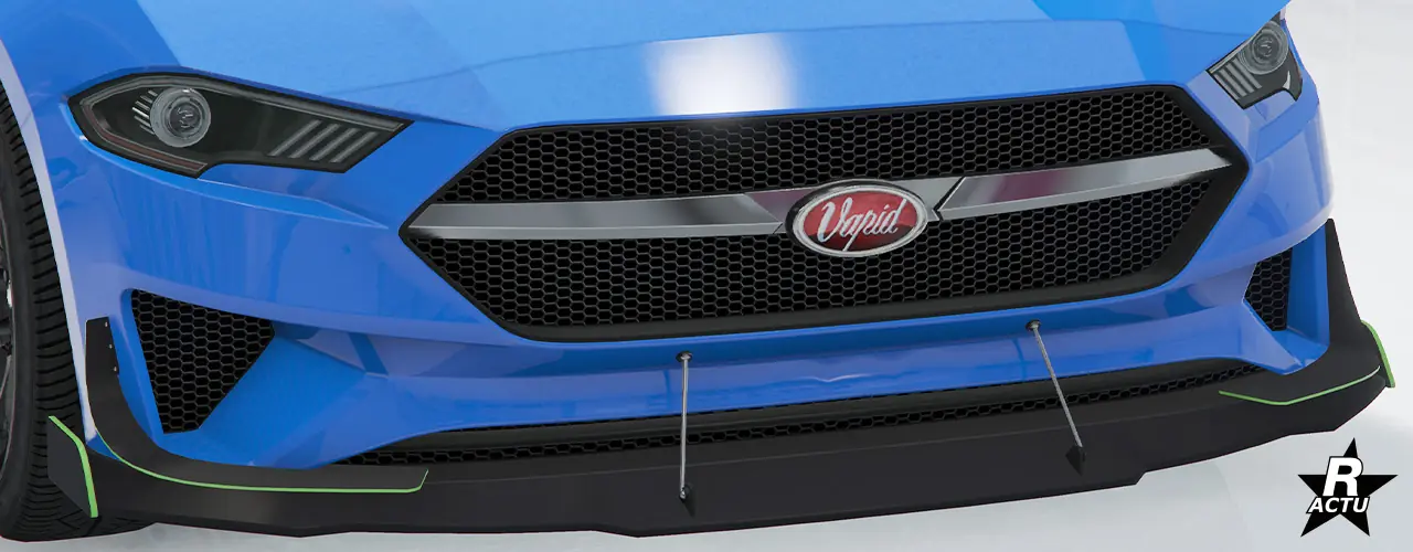 Option ajoutant au pare-chocs avant peint dans la couleur principale, un grand séparateur aérodynamique noir qui est suspendu avec deux grandes visses au pare-chocs, où une moustache aérodynamique noire avec finitions couleur secondaire s'y trouve de chaque côté du pare-chocs.