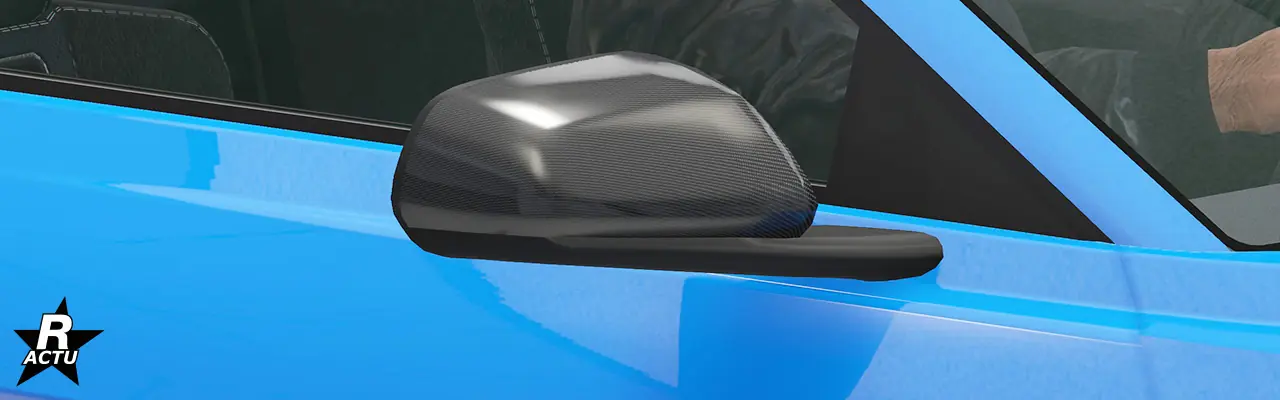 Rétroviseur en fibres de carbone noires, fixé avec une attache noire sur la portière latérale passager.