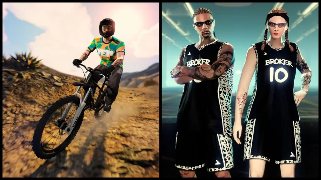 3 joueurs de GTA Online portant les vêtements exclusifs à débloquer avec l'abonnement GTA+ en mars 2026. L'un est un t-shirt de la marque Yeti et l'autre est un ensemble noir de sport pour du basket.