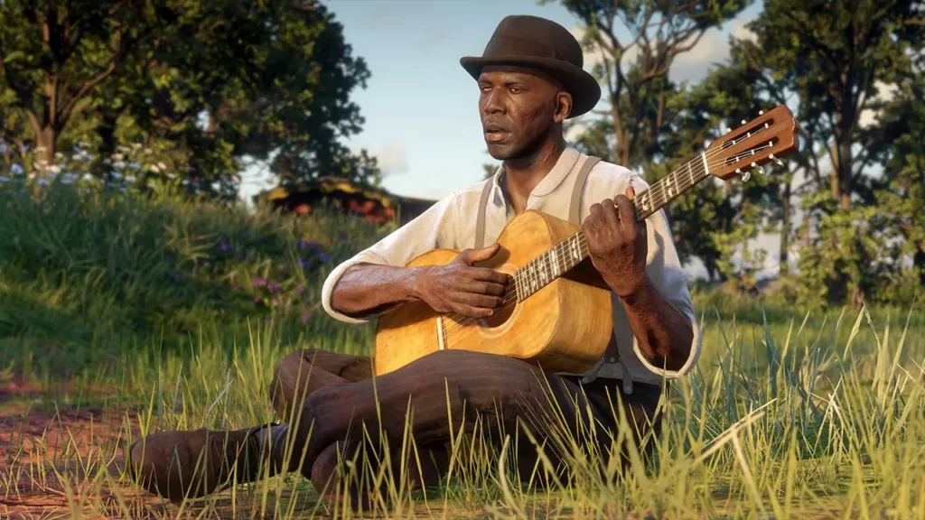 Bluewater John jouant de la guitare dans la série de missions "Le contrat Bluewater" dans le jeu vidéo Red Dead Online de Rockstar Games.