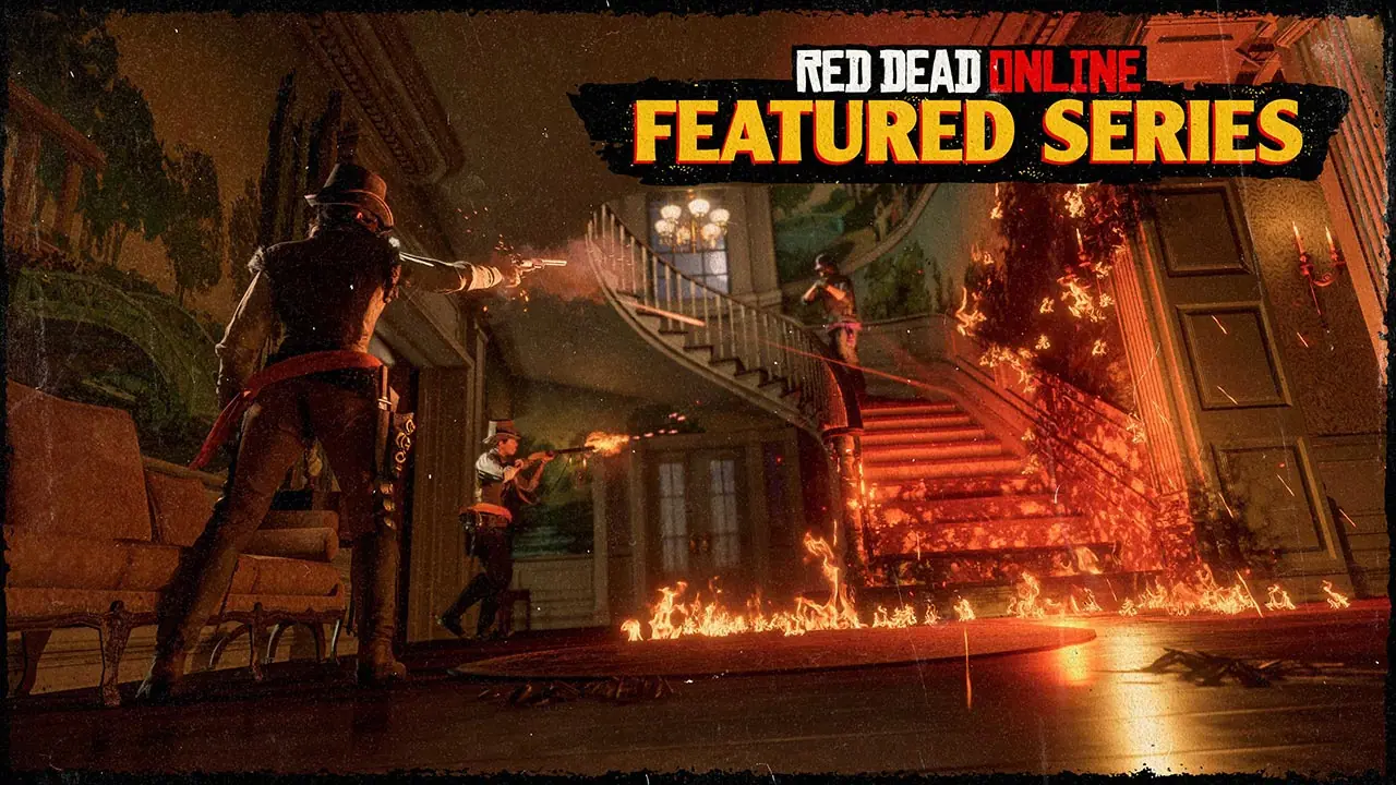 3 joueurs de Red Dead Online s'affrontant dans le hall d'une maison en feu dans un mode confrontation de la série à la une.