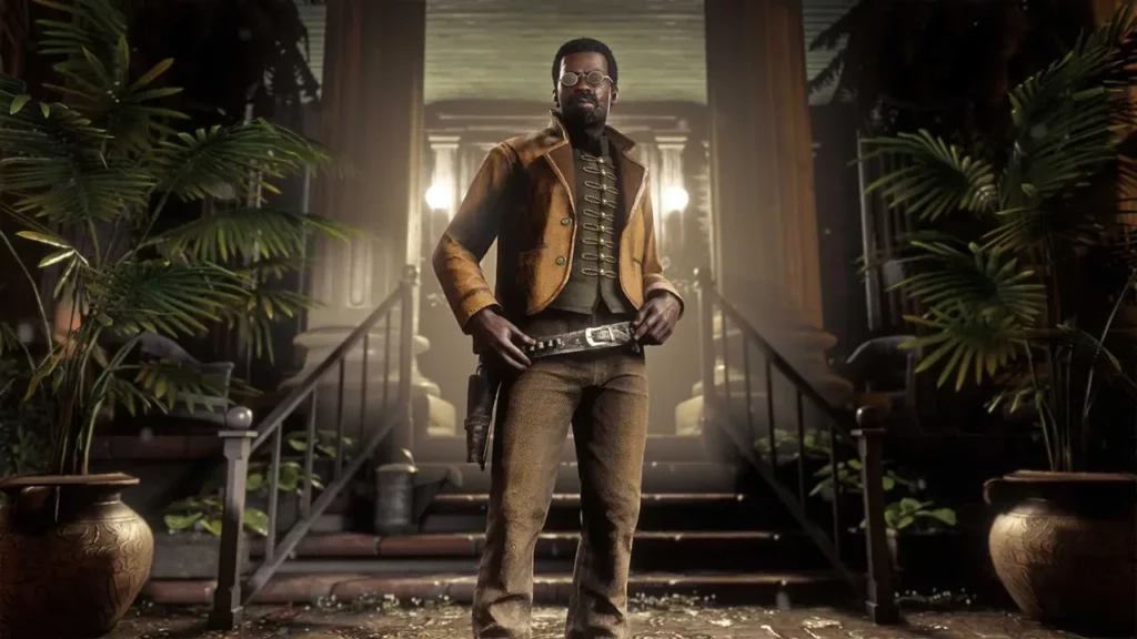 Joueur de Red Dead Online portant sur lui les différentes récompenses à débloquer avec les avantages de mars 2026, incluant les lunettes en acier.