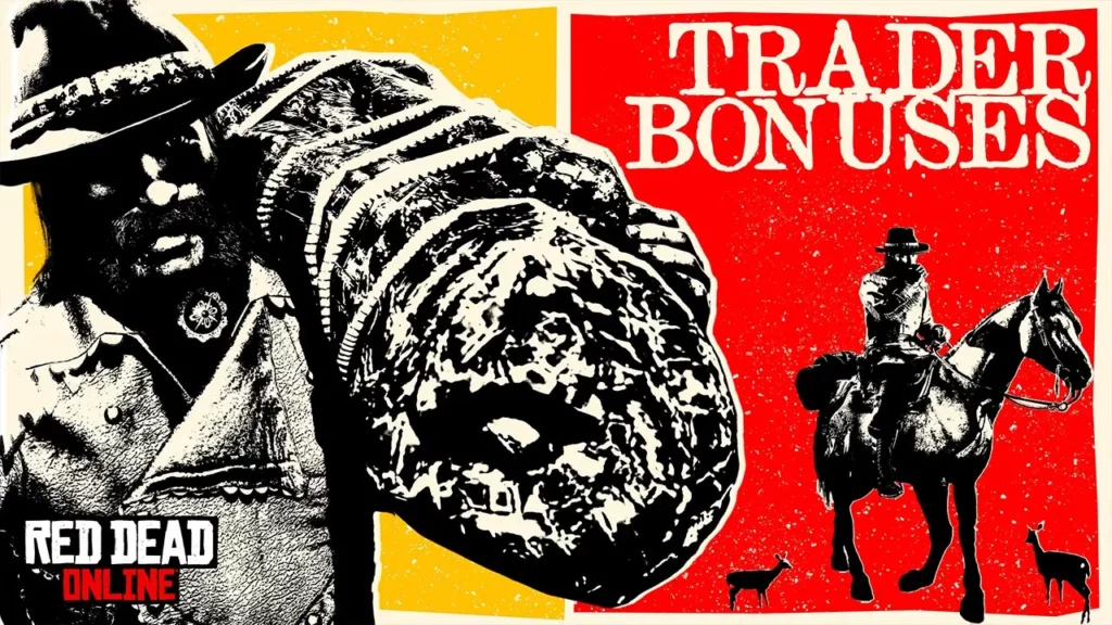Artwork d'avantages et de bonus autour du rôle de marchand dans le jeu Red Dead Online.