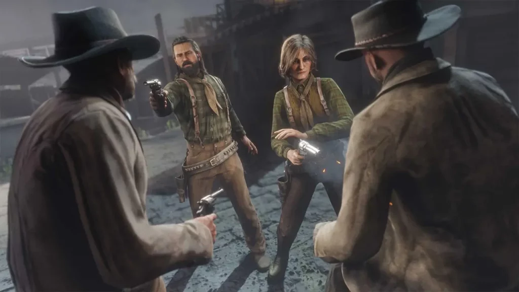Deux joueurs de Red Dead Online portant la tenue communautaire d'avril 2026 créée par Coyotekidd dans une rue sombre d'une ville du Far West et qui affrontent des cowboys aux revolvers.