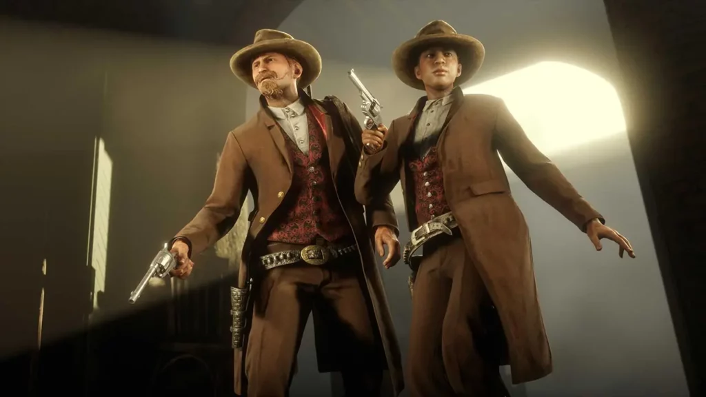 Un personnage masculin et un personnage féminin dans le jeu vidéo Red Dead Online, portant tout les deux la tenue communautaire du mois de mars 2026, créée par obnoxious_spaceman.