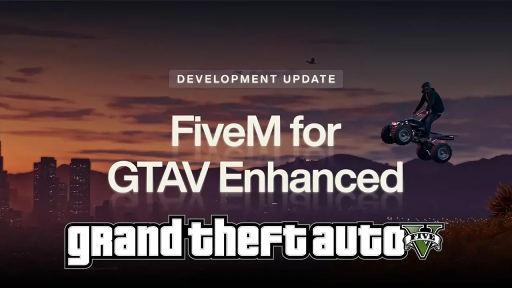 Ville de Los Santos en arrière plan dans le jeu GTA 5 avec un joueur en quad. Le logo "FiveM" apparait en grand au milieu de l'image, avec l'inscription qui annonce une comptabilité avec la version améliorée de Grand Theft Auto V de 2025.